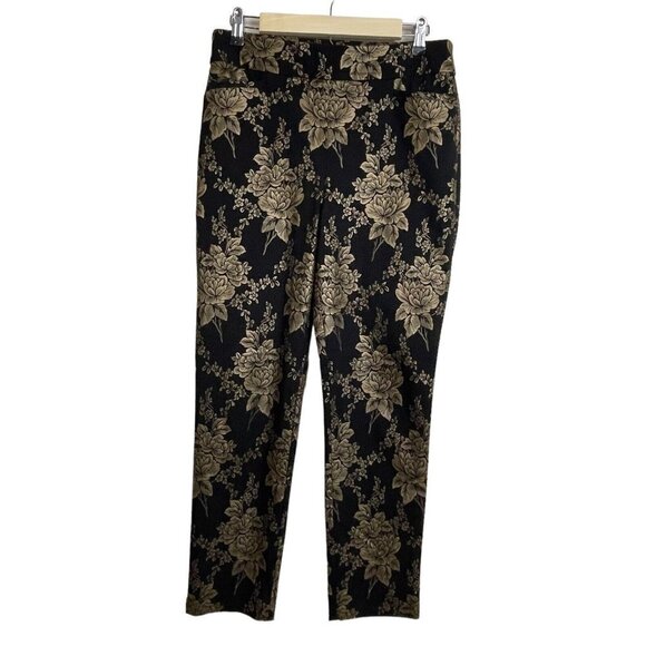 Chico's size 1R Black Bronze Floral Pants Pull On Pockets - Picture 1 of 6